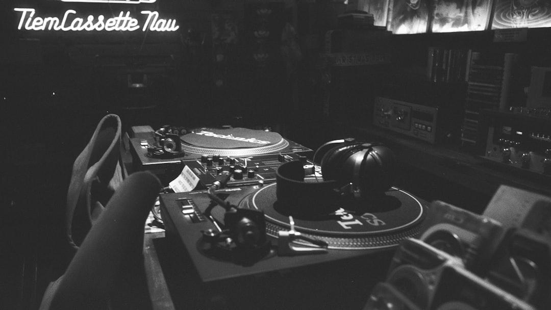 A black and white photo of a record player